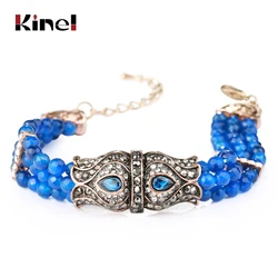 Kinel Luxury Blue Natural Stone Bracelets For Women Antique Gold Color Hollow Crystal Flower Bracelets Vintage Jewelry Wholesale