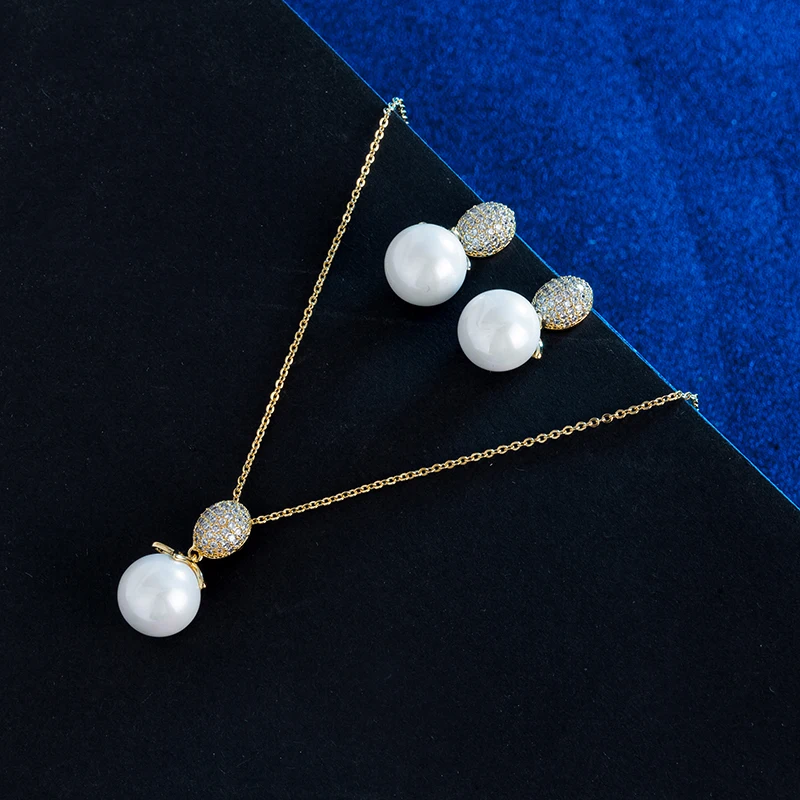 HadiyanaTrendy Noble Lady Micro Inlaid Pendant Earrings Set Simple Pearl AAA Cubic Zirconia Necklace Party Jewelry Gift TZ8094