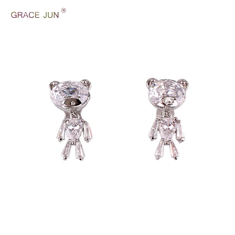 GRACE JUN High-grade AAA CZ Romantic Small Bear Clip on Earrrings Non Pierced for Women Gorgeous Cute Animal No Hole Earrings