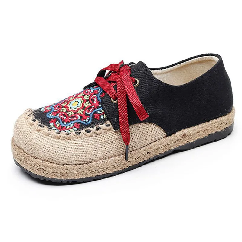 Zapatos originales con cabeza redonda para mujer, zapatillas con bordado, refrescantes, transpirables, hechas a mano, con correa de cáñamo, informales