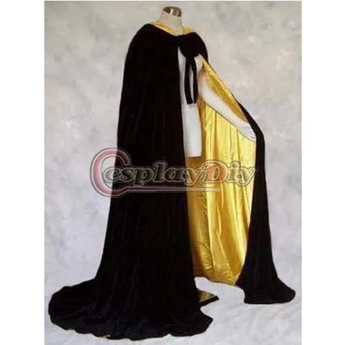 Black and Yellow Lined Velvet Cloak Medieval Witchcraft Wicca Cape Women Winter Outside Wedding Cloak Halloween Costume D0419