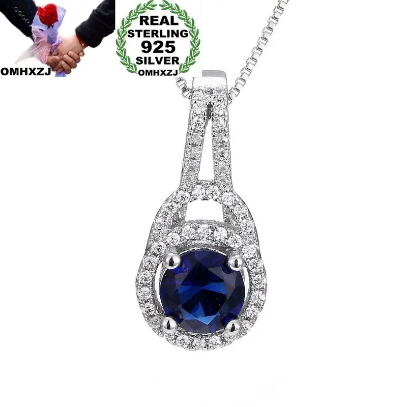 OMHXZJ Wholesale European Fashion Woman Girl Party Wedding Gift  White Blue AAA Zircon 925 Sterling Silver Pendant Necklace NA36