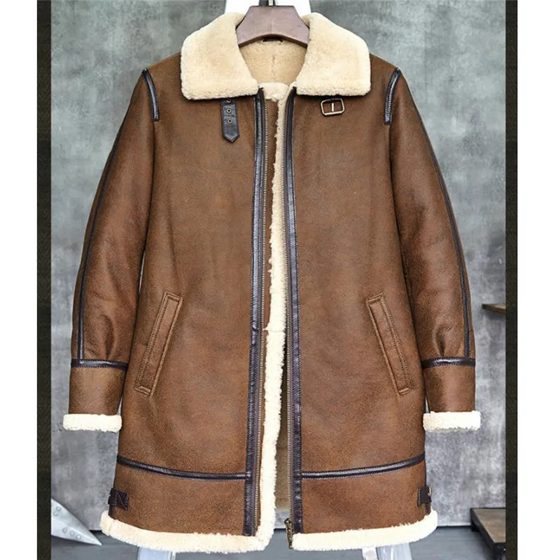 Men's Long Style B3 Shearling Sheepskin Bomber Jacket B7 Pilots Coat Men's Fur Coat Winter Flying Jacket