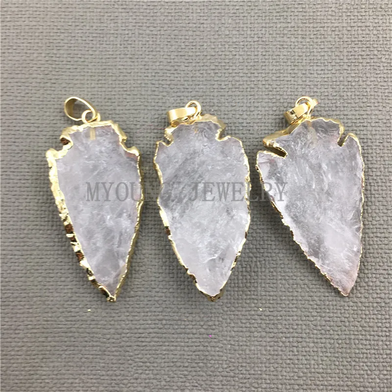 MY0404 Arrow Clear Crystal Quartz Pendant Charm,Arrowhead Quartz Druzy Gold Cladding Necklace Pendant