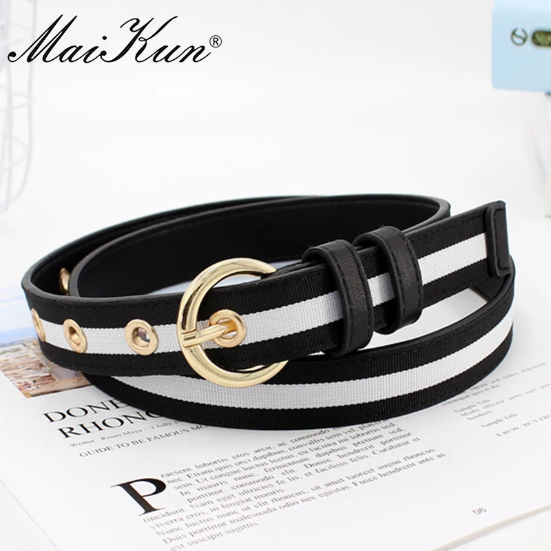 MaiKun Belts for Women Pin Buckle PU Leather Thin Women Belt Stripe Canvas Waistband for Pants Skirt