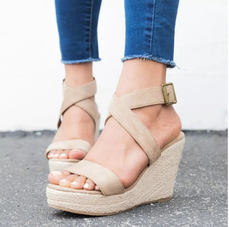 Sandalias de gladiador con cuña para mujer, zapatos de tacón alto atados a la moda, con plataforma, talla grande 42