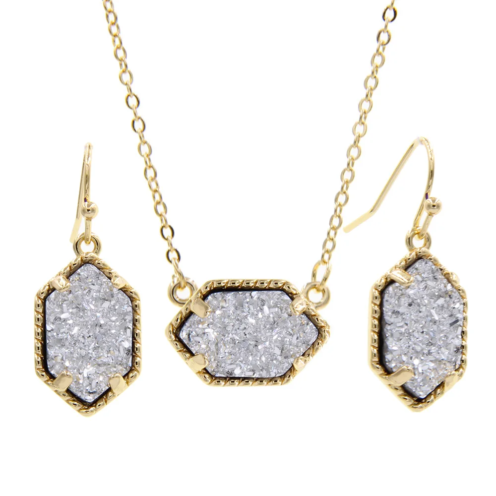 Gold Color Mini Iridescent Drusy Pendant Necklace With Drop Earrings Fashion Jewelry Sets