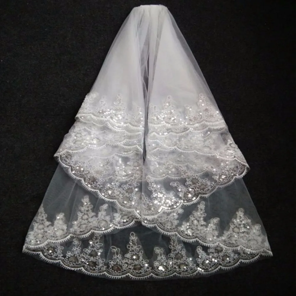 Velo de novia de dos capas, velo de tul blanco marfil con peine, borde de encaje, accesorios de boda, en Stock, 2018