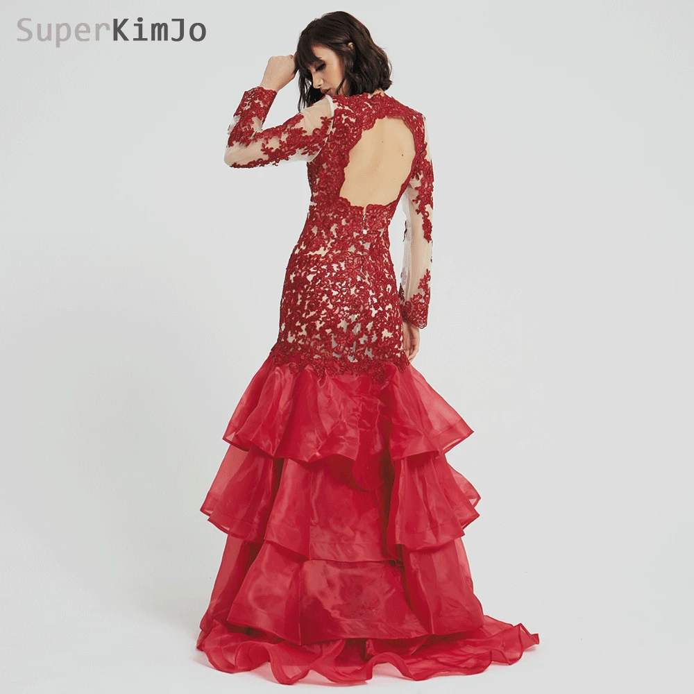 SuperKimJo 2019 New Arrival Formal Dress Long Sleeve Lace Applique Evening Dresses Elegant Tiered Burgundy Evening Gown