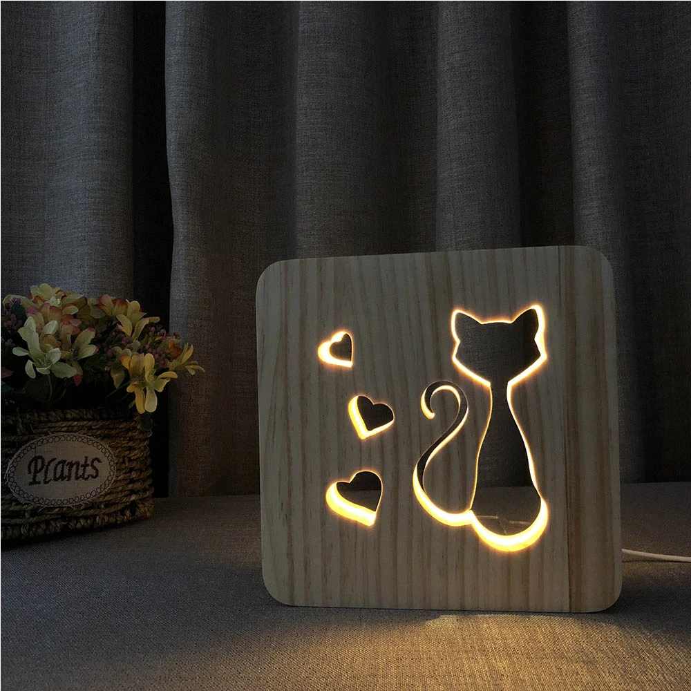 Wooden Lamp Animal Cute kawaii Cat Lamp 3D USB LED Table Light Kitten Meow Wood Carving Lamp for Children Room Decoration