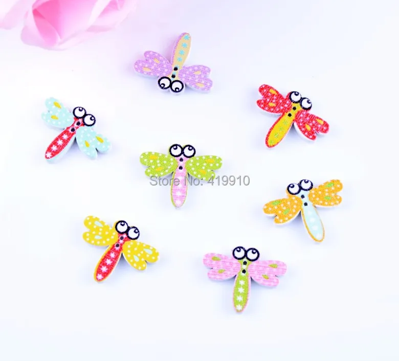 Free shipping -100pcs Random Mixed 2 Holes Pattern Cartoons Dragonfly Animals Wood Sewing Buttons Scrapbooking 20x25mm J1602