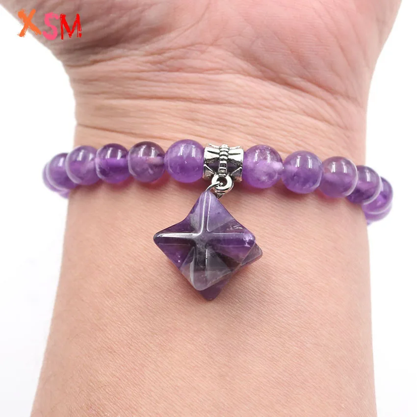 8mm Ronde Kralen Merkaba Armbanden Natuurlijke Amethisten Rock Crystal Elastische Armbanden Reiki Charms Handgemaakte Sieraden voor Vrouwen 1 Pcs