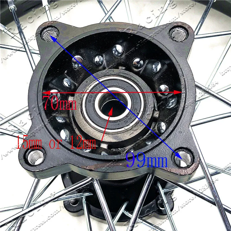 80/100-12 Guangli Tyres 1.85 x 12inch Rear Rims Wheel Steel Hub Black Wheels  32 spoke 15mm axle hole dirt pit bike Kayo Apollo