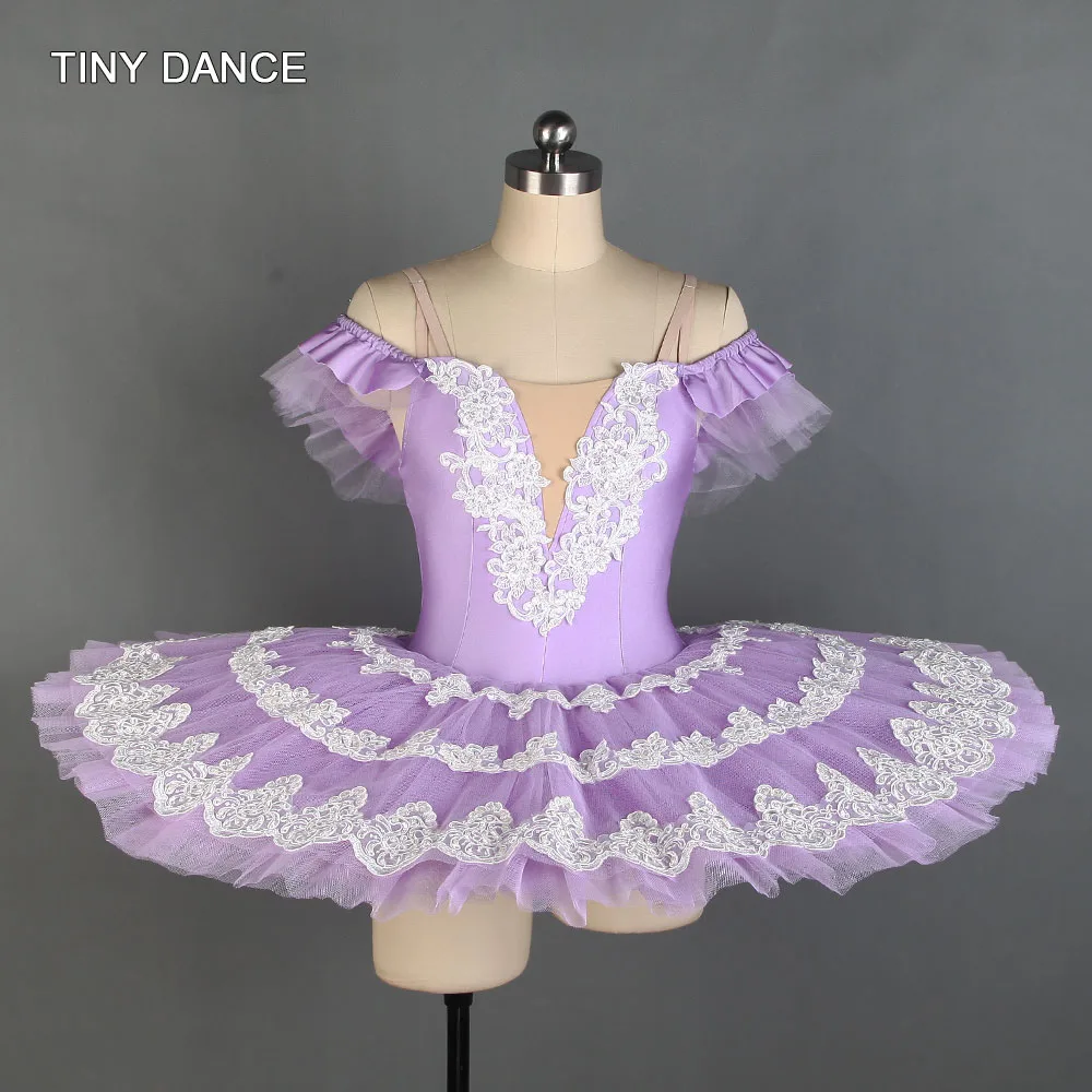 

Off-the-shoulder Professional Ballerina Dance Costume Lilac Ballet Dance Pancake Tutu with White Lace Trim Edging BLL121