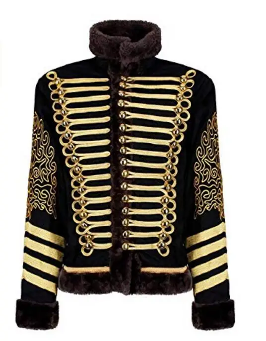 Men's Black Gold Hussar Steampunk Parade Jacket men's Hussar jacket with Faux Fur