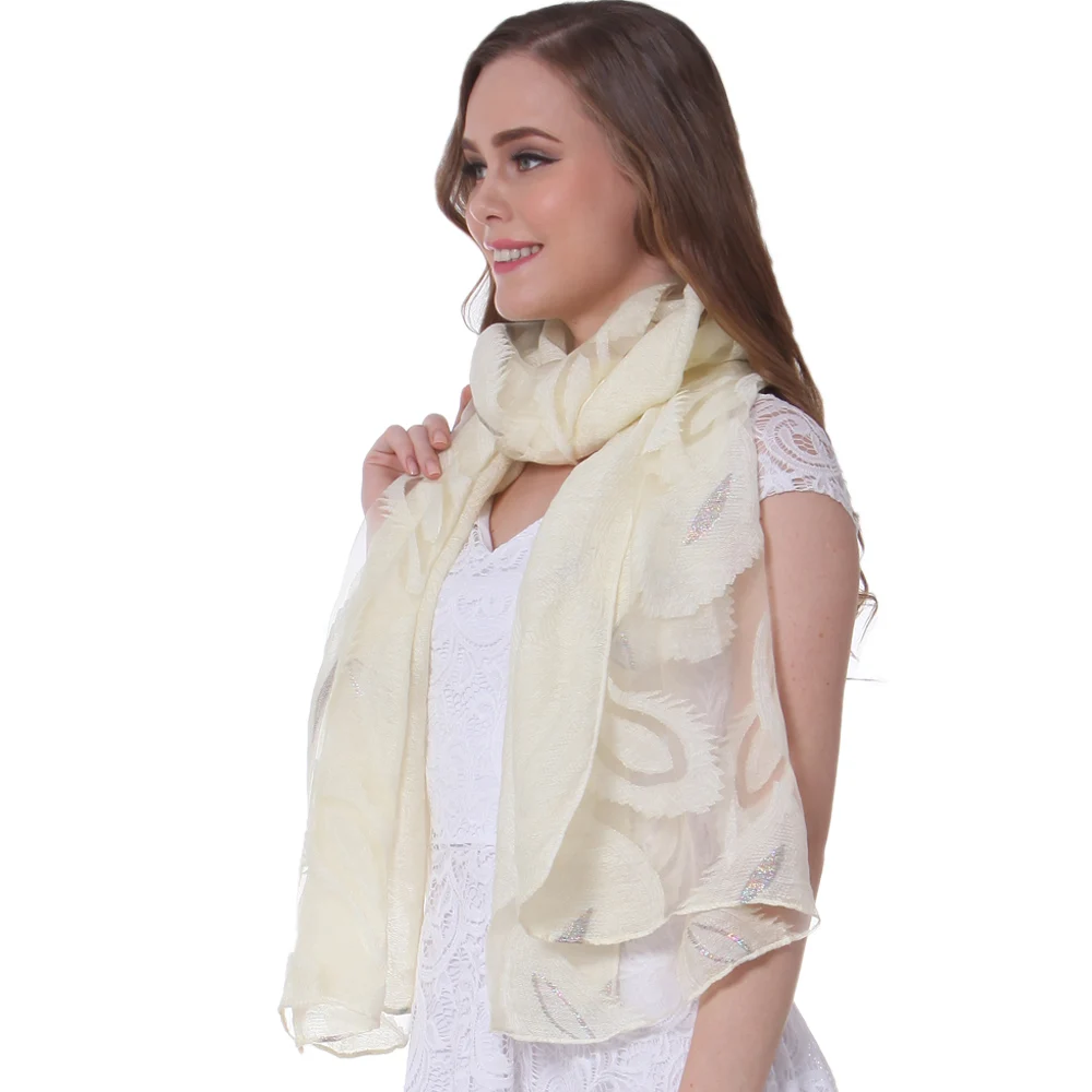 Fashion Silk Scarf Shawl Wrap Hijab Voile Top Quality Luxury Lurex Peacock Plume Design Wedding Gift White Ivory Cream