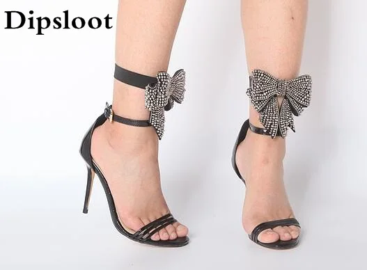 2017 Summer Fashion Women Sexy Patent Leather Removable Crystal Bling Bows Tie Strappy Dress Thin Heels Sandals Ladies