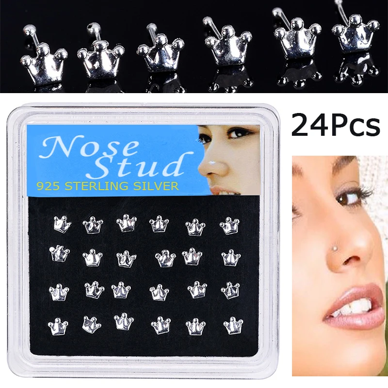 Walerv 24pcs/box Women Body Jewelry Nose Piercing Crown Shape Nose Stud Rings Hip Hop Indian Jewelry