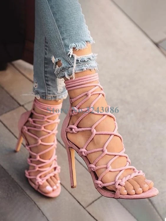 Nude Pink Black Red Cross Tied Thin High Heel Sandals Bungee Cord Ankle Strap Stiletto Heel Sandals Open Toe Lace Up Women Shoes