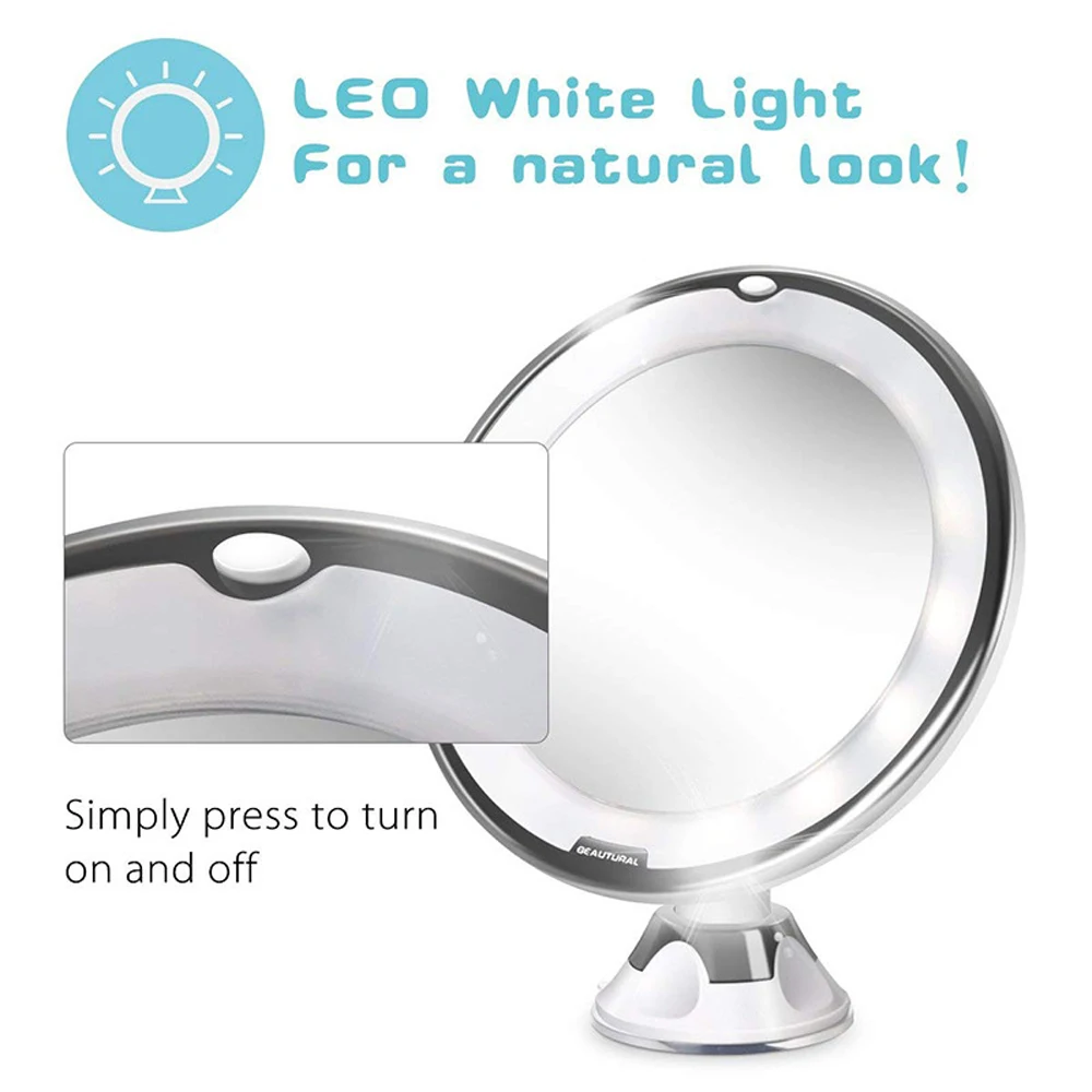 10X Magnifying Lighted LED Makeup Mirror Portable Hand Vanity Home Tabletop Bathroom Power Locking Suction Cup 360 Degree Swivel