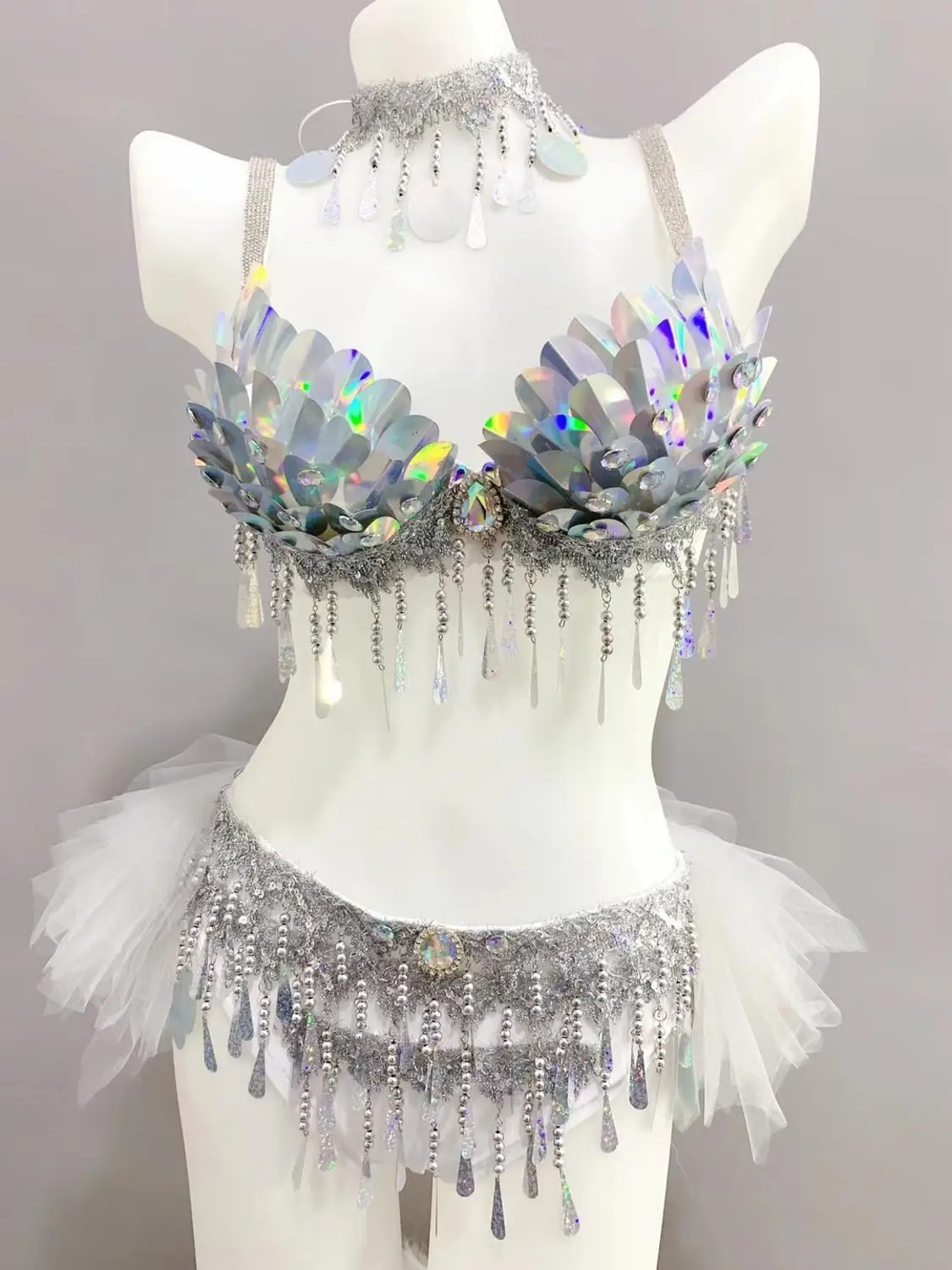 Belly Dance Set Dancer Competition Stage Performance Silver Scale Sequins Bikini Rave Outfit Nightclub Bar Party Costume