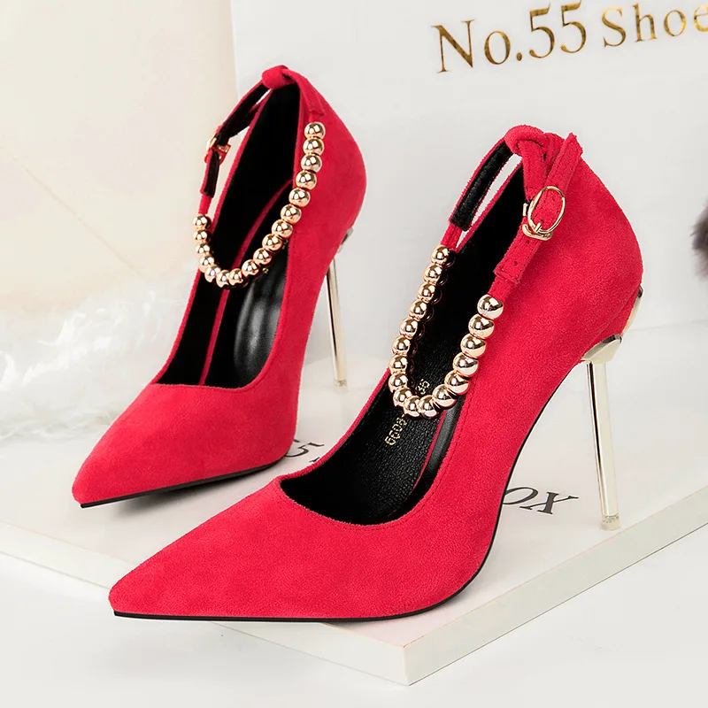 

Women Pumps Flock Pointed Toe Fashion Spring Beading Buckle metal 10.5CM Thin heel Fashion Dress Office Shoes