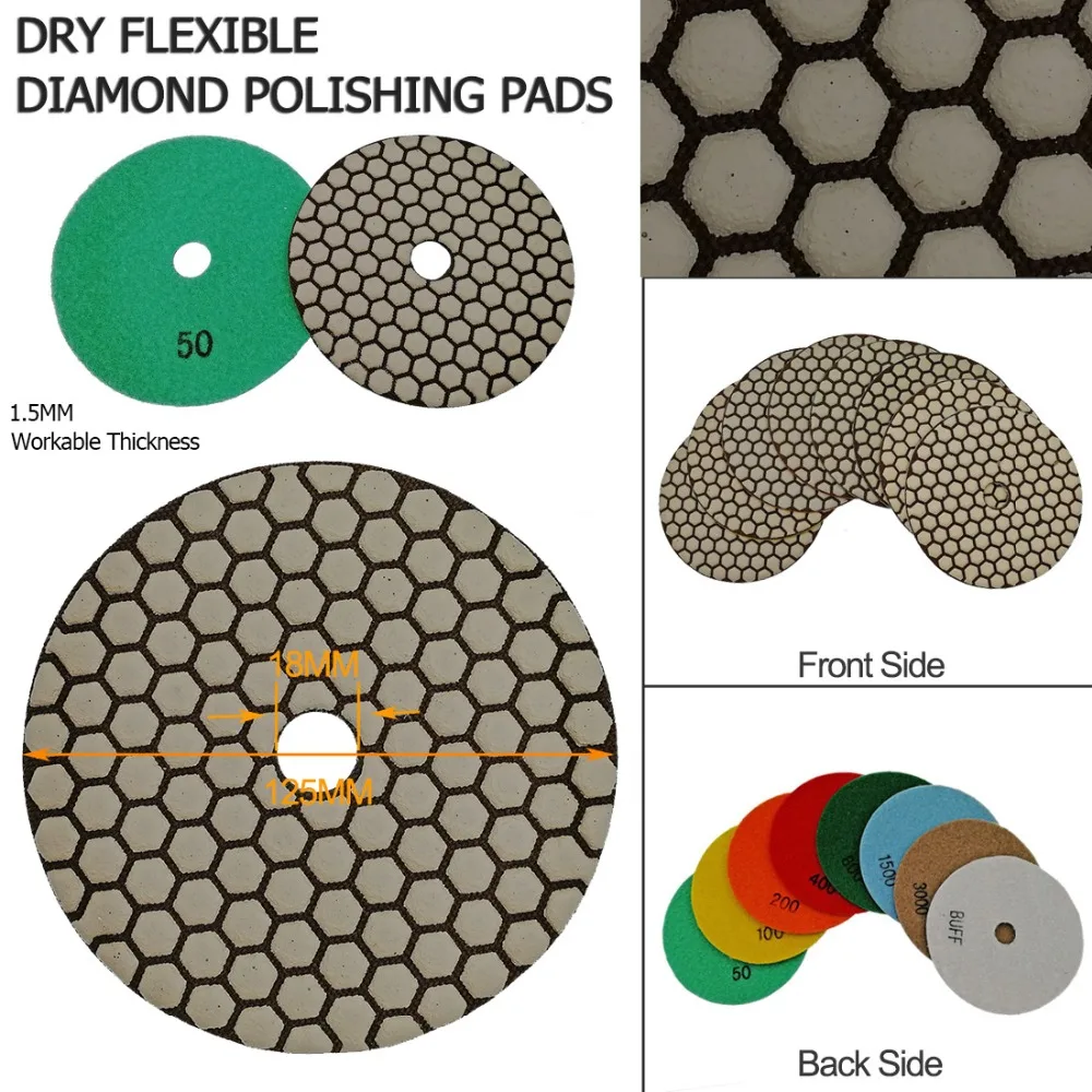 Shdiatool disco de polidor flexível, 7 peças de 5 "#100 lixas secas, diamante, resina cerâmica, granito, polimento