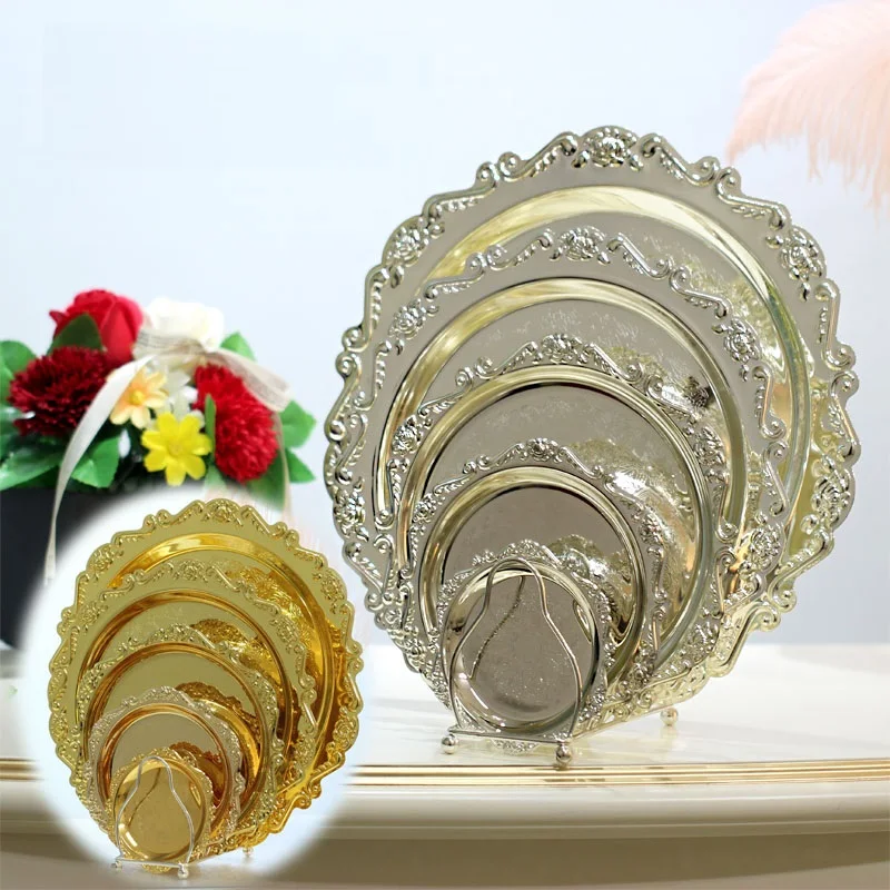 Round Metal Silver/gold Color kitchen Serving dishes cake Tray Cake Wedding party decorative tray Cosmetics storage trays FT006B