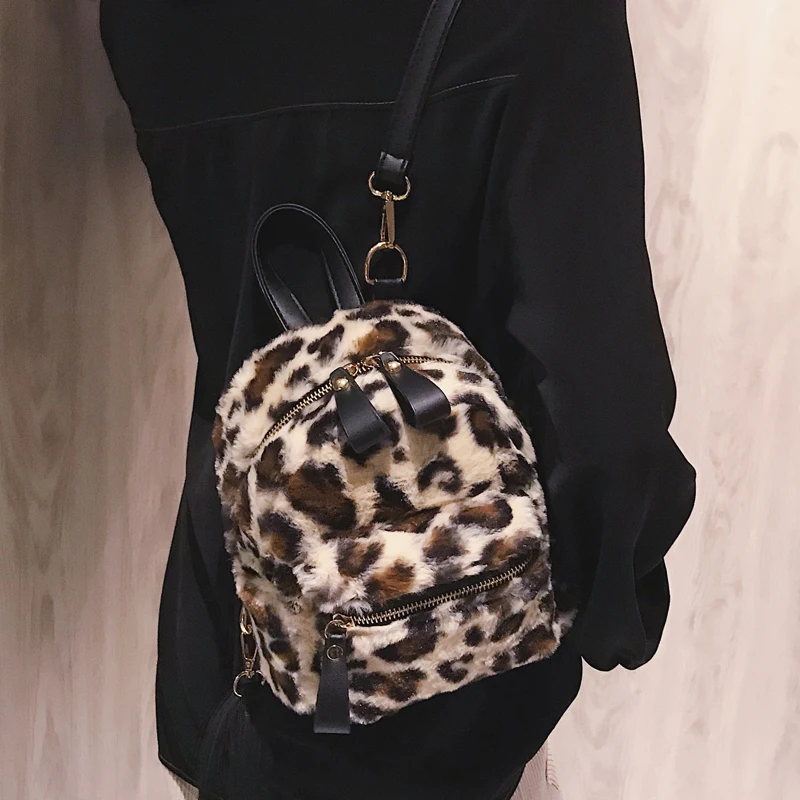 Autumn And Winter Cute Mini Leopard Backpack Velour Double Shoulder Bag Chain School Bags For Girls Children Backpacks 107