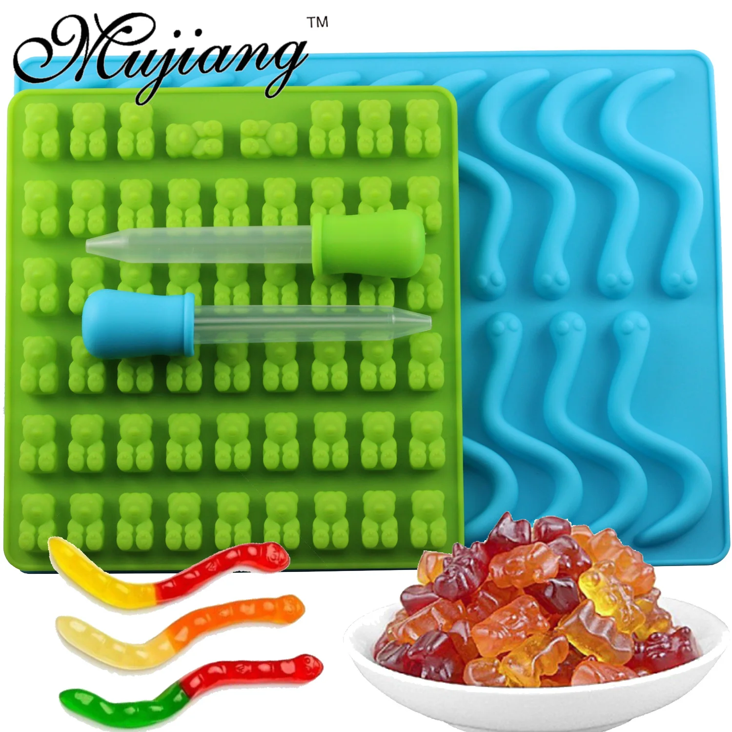 Mujiang 50 Cavity Bear Silicone Gummy Chocolate Sugar Candy Jelly Molds Snake Worms Ice Tube Tray Mold Cake Decorating Tools