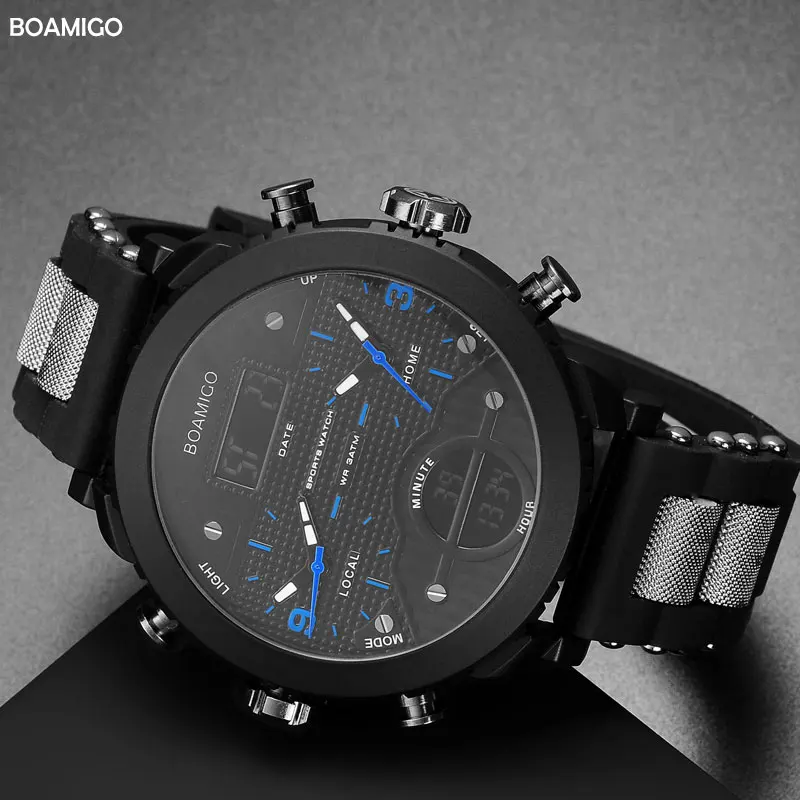 men watches BOAMIGO brand 3 time zone military sports watches male LED digital quartz wristwatches gift box relogio masculino