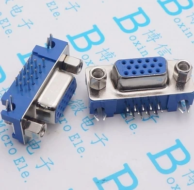 5PCS/LOT DB15 DR15 3Rows Blue Parallel Port 15 Pin D Sub Female 15 Way PCB 90 Degree Connector DB15 Socket Plug VGA Adapter