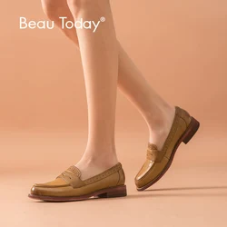 BeauToday 女性モカシンローファー本革シープスキンブラウン色大サイズで浅いフラットシューズ手作り 2701320