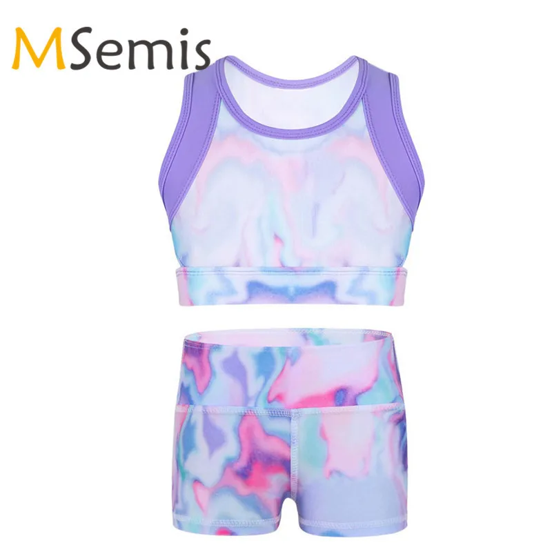 Kids Girls Colorful Ballet Crop Top Ballet Shorts Girl Gymnastic Swimsuit Tie-Dye Tanks Top for Ballet Stage Performance Workout