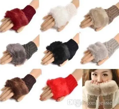 Women girl mom Christmas gift party favors Knitted Faux Rabbit Fur Fingerless gloves Winter Warmer outdoor Mittens event supply