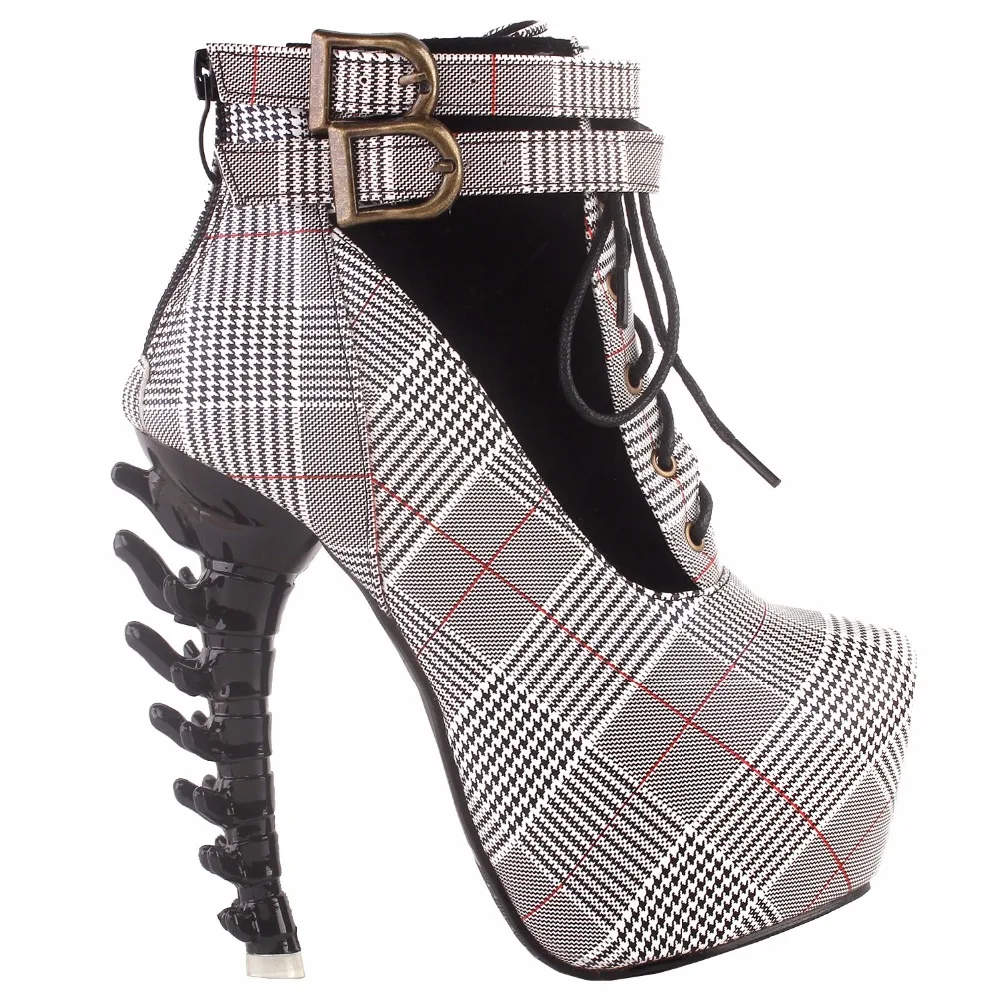 LF40601 Punk Lace Up Buckle High-top Bone High Heel Platform Ankle Boots