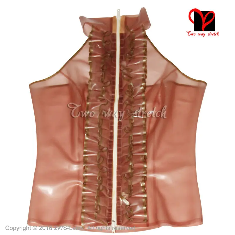 Sexy Transparent Brown Latex Blouse With ruffles Zipper Front Rubber shirt Gummi jacket Crop Top tank coat size XXXL SY-044