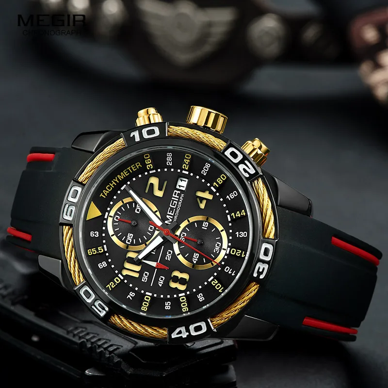 Megir Men\'s Sports Chronograph Quartz Wrist Watches Waterproof Silicone Army Racing Luminous Clock Relojios Masculinos 2045-1N3