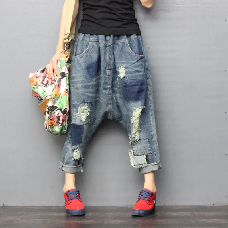 Ankle Length Pants for Women, Denim Trousers, Elastic Waist, Casual Patchwork, 3/4 Pants with Holes, New Fashion, 2024