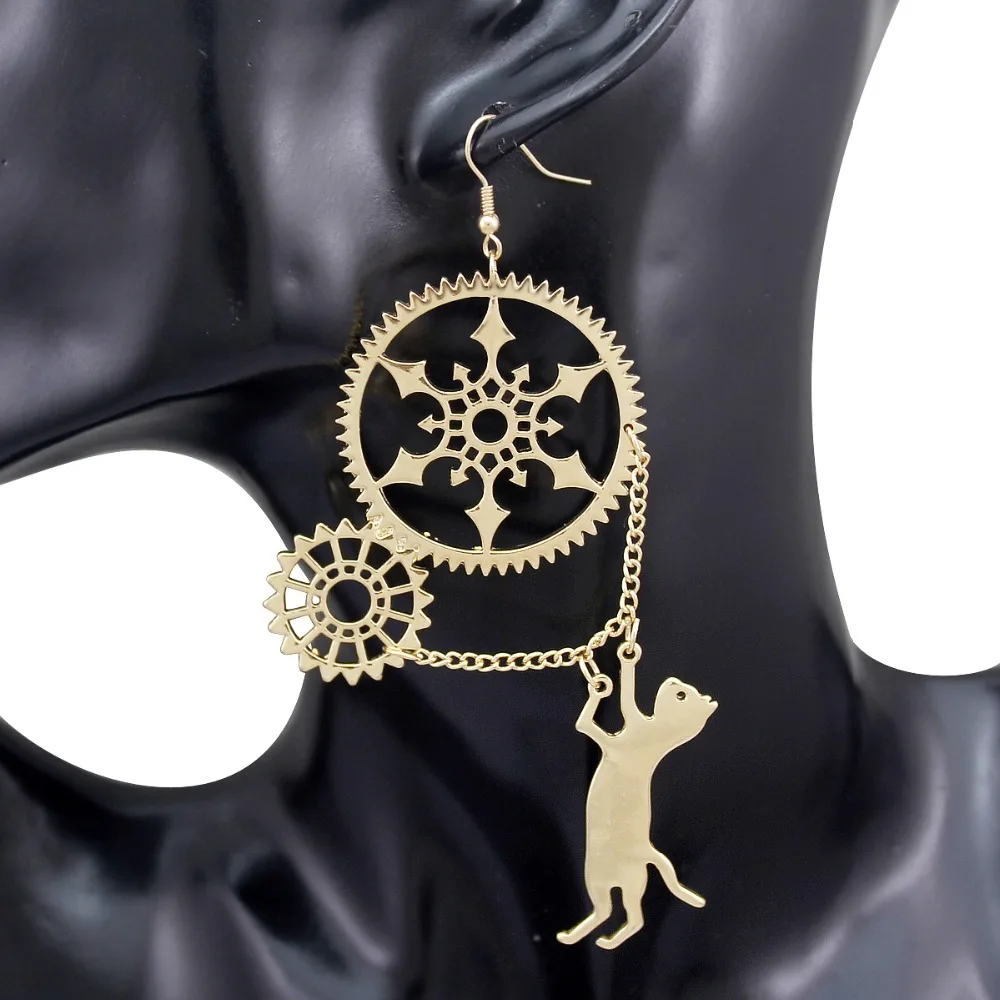 Bastet Bast Kitten Pet Cat Gear Cog Steampunk Earrings For Women Victorian Metal Chain Brinco Oorbellen Jewelry Dropdangle