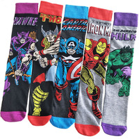 5 Pairs/Pack Men socks Marvel Comic Heros Anime pattern Iron man Thor Captain America Hulk Hawkeye compression Crew cotton Socks