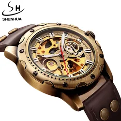 Watch Men Mechanical Automatic Watch Steampunk Skeleton Self Winding Mens Watch Retro Leather Wristwatch Male Clock montre homme