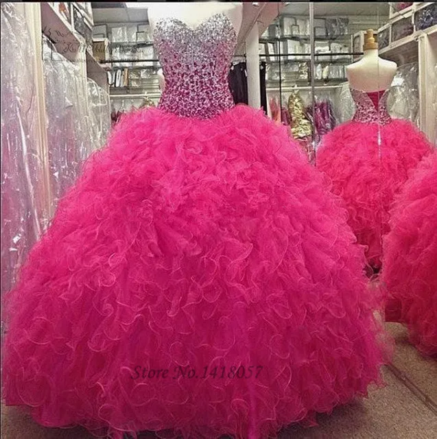 Gaun Quinceanera Murah Vestidos De 15 Anos Gaun Quinceanera Kristal Fushcia 2016 Gaun Debutan Organza Ruffle 16"