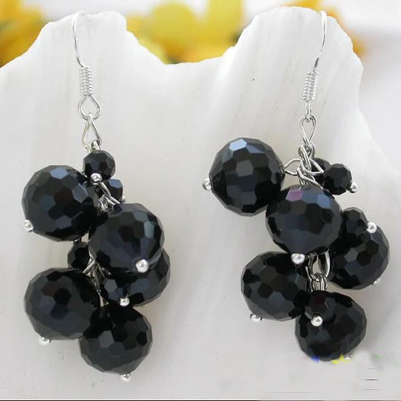 

Handmade Crystal Earrings 4-10mm Black Color Faceted Crystal Grape Dangle Earring 925 Sterling Silver Dangle Earring