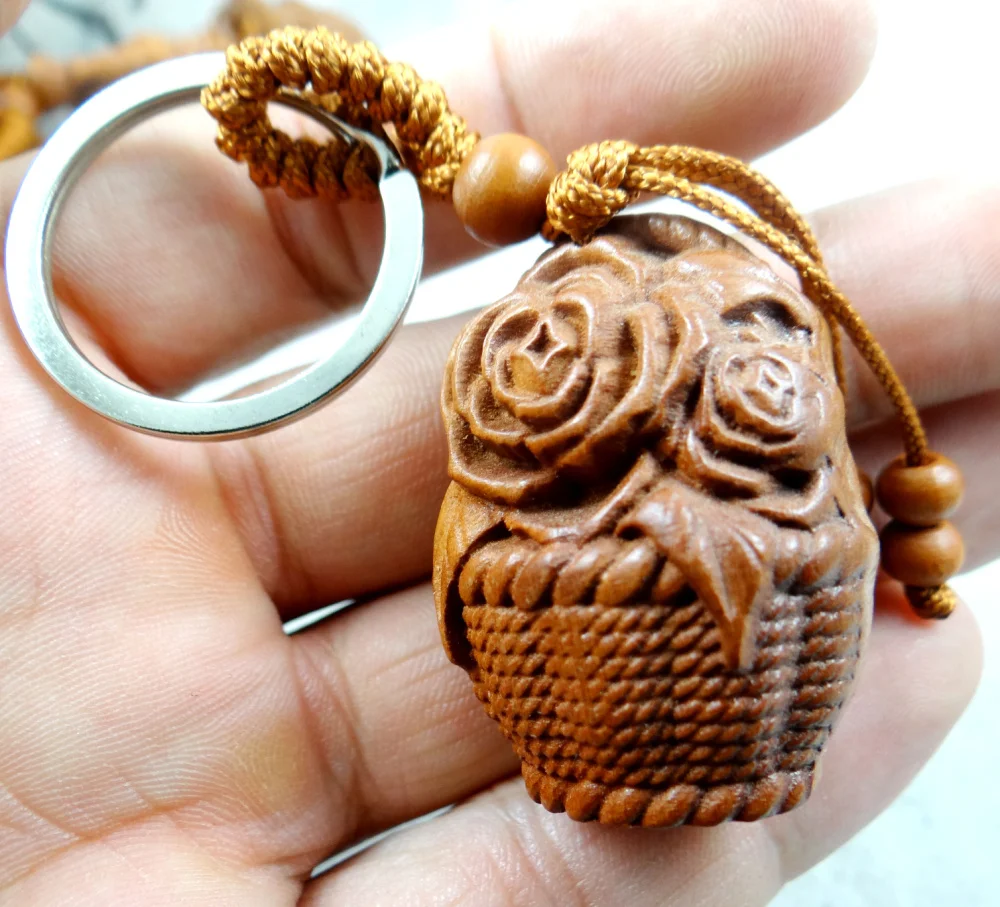 Natural mahogany three-dimensional engraving Flower basket keychain Buddha key ring jewelry gift for men and women 1pc