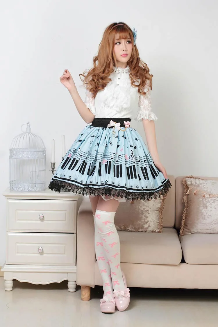 Piano Keyboard Printed Skirts Women Sky Blue Sweet A-Line Lolita Super Cute Girl Teen Horpsichord Pleated Lace Cat Bottoms