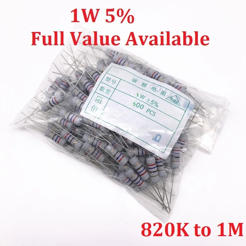 

500PCS Carbom Film Resistor 0R 0.5R 820K 910K 1M Ohm 1W 5%