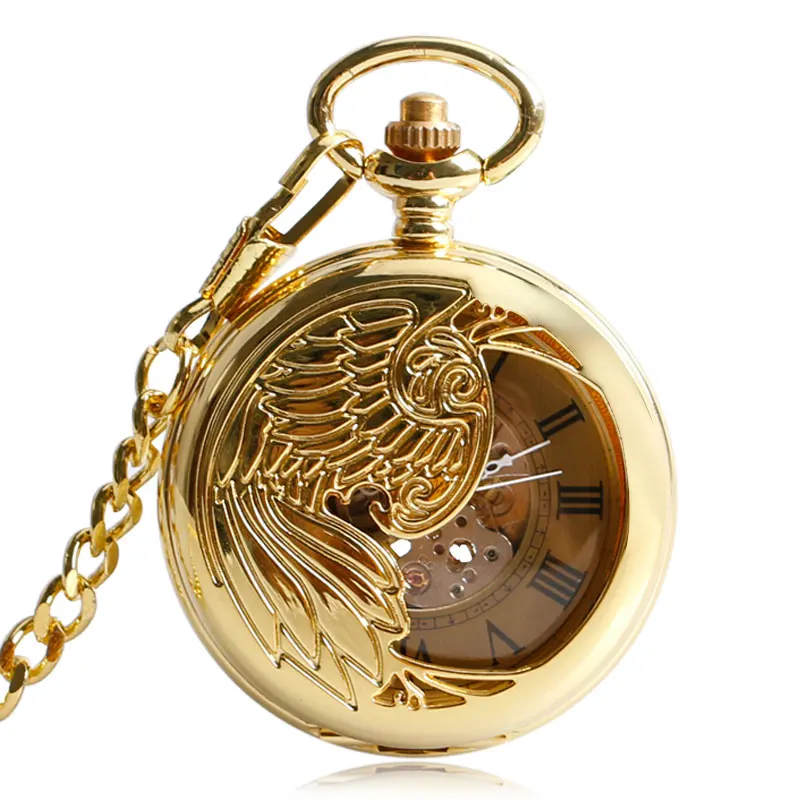 New Luxury Gold Phoenix Carving Half Hunter Pocket Watch Mechanical Automatic Self-wind Fob Clocks Time Gift Xmas Christmas