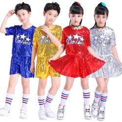 Trajes modernos de baile de Jazz para niño y niña, conjunto de Top corto y pantalones de lentejuelas para baile de Jazz, Hip Hop, novedad