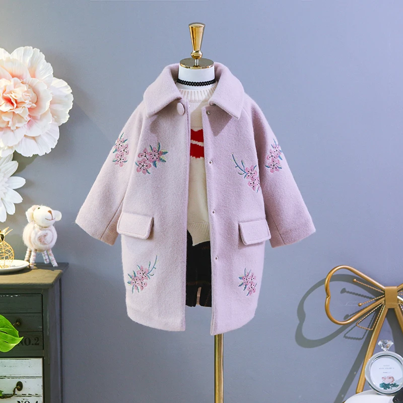 

Girls Wool Overcoat Fall Winter 2023 New Babys Kids Medium-Long Thickened Casual Woolen Coat Children Embroidered Outerwear X320